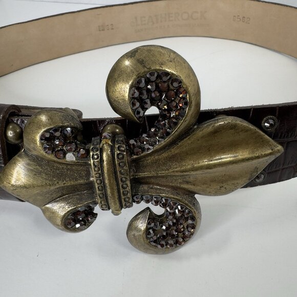 LeatherRock Croc Pattern Leather Belt Rhinestone/Stud Fleur-De-Lis Buckle 32" - Picture 10 of 10